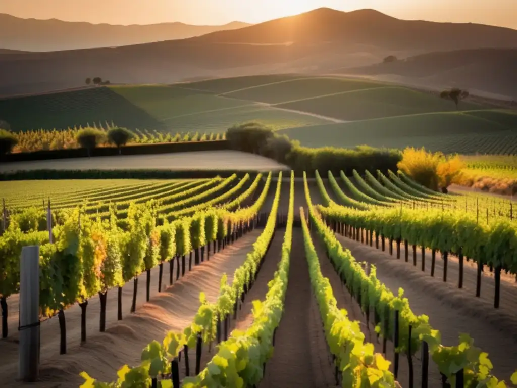 Firma del Vino Chileno en viñedo chileno al atardecer, transmitiendo serenidad y belleza