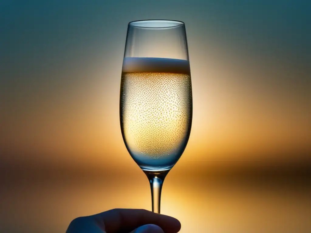 Copa de champán dorado en mano elegante Flauta de champán con elegancia y burbujas doradas - Champagne para alta cocina