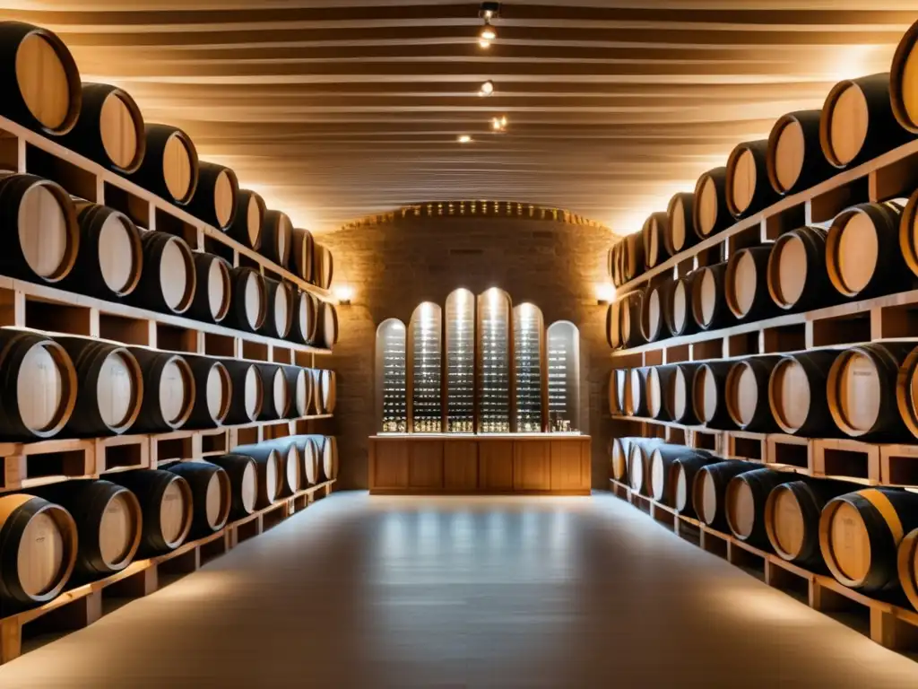 Vino fortificado tradición europea: Bodega minimalista con barriles de roble y luz natural