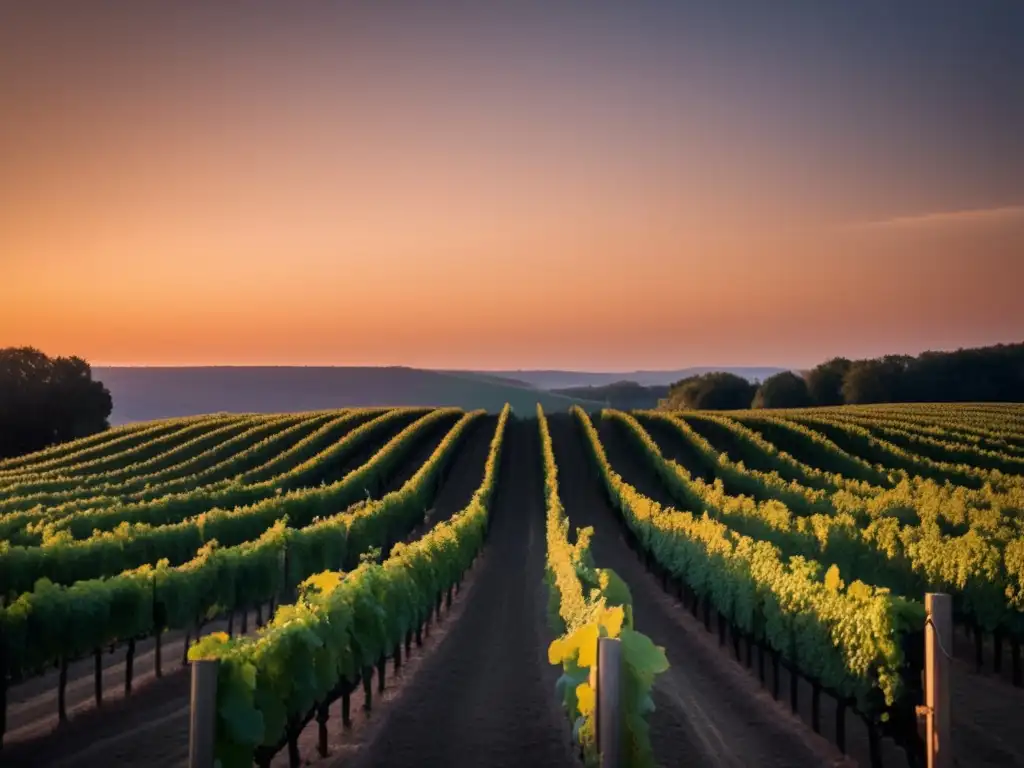 Biotecnología vitivinícola frente al cambio climático: viñedo minimalista al atardecer, con hileras de vides que se extienden hacia el horizonte