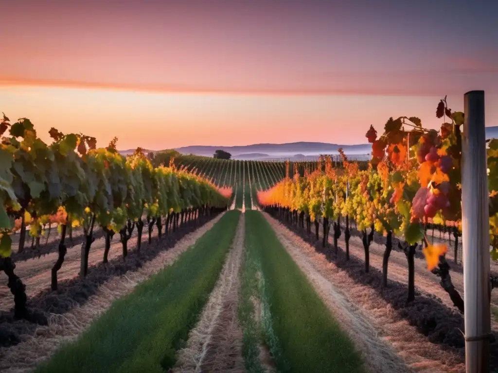 Vinificación en frío prometedora en viñedo sereno al atardecer