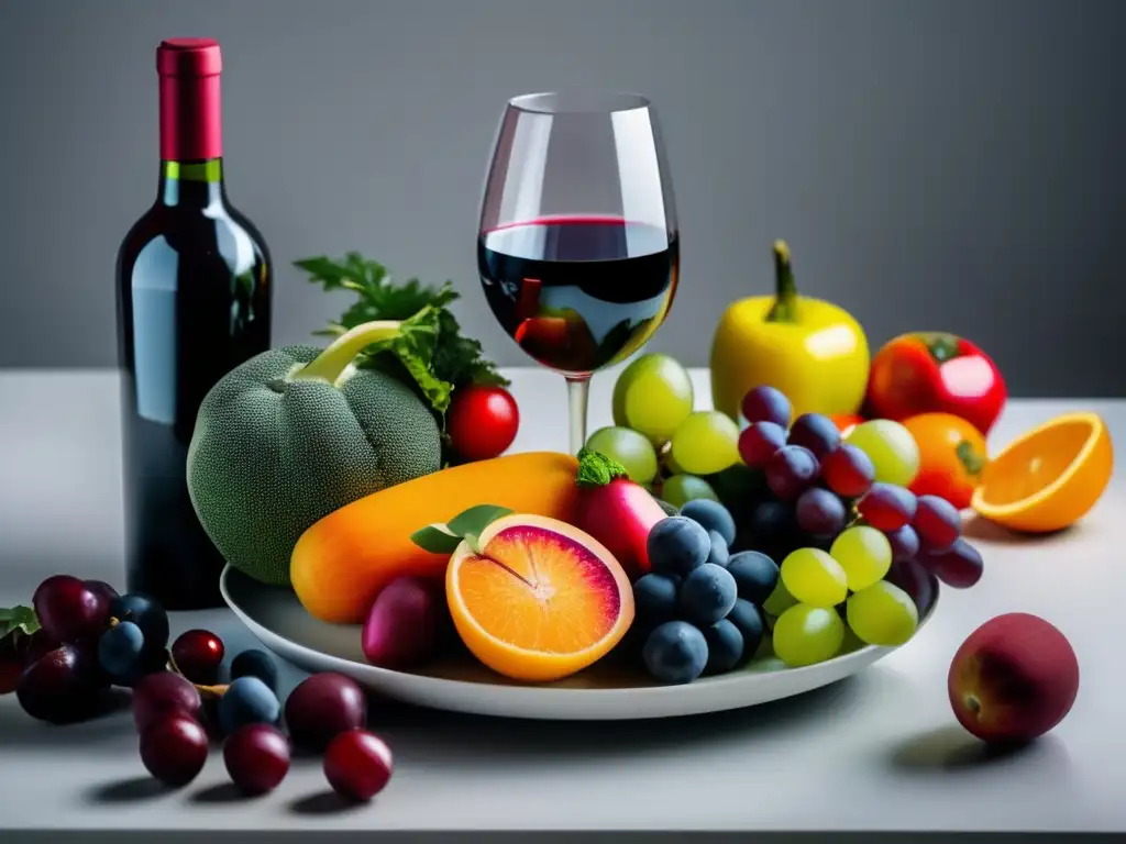 Platter de frutas y verduras veganas con vino rojo: armonizando dieta