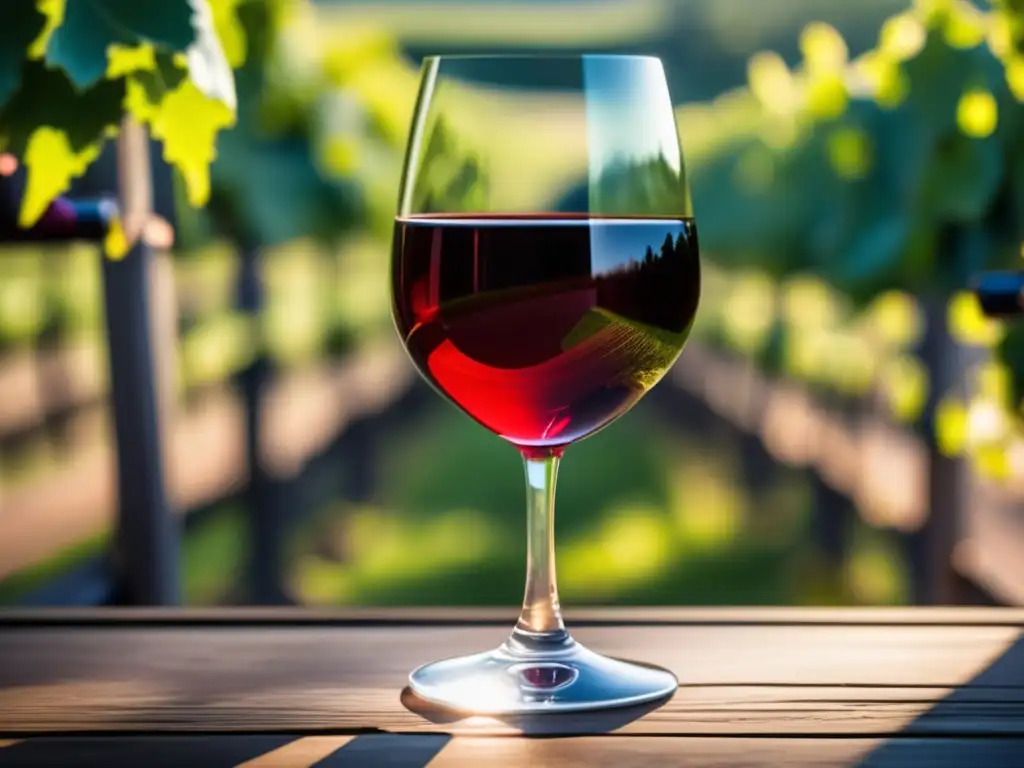 Fusión vinos modernos viñedos históricos - Copa de vino minimalista llena de vino tinto rodeada de viñedos verdes y luz filtrada