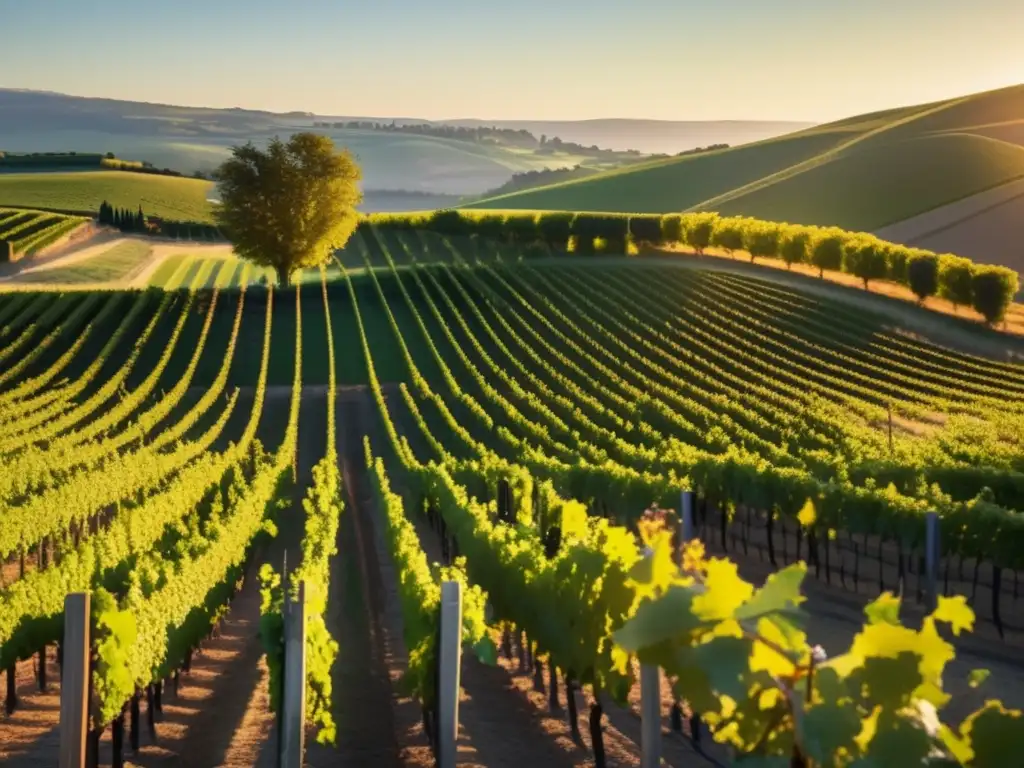 Fusión vinos modernos viñedos históricos, paisaje sereno de viñedo con líneas limpias, elegancia y armonía