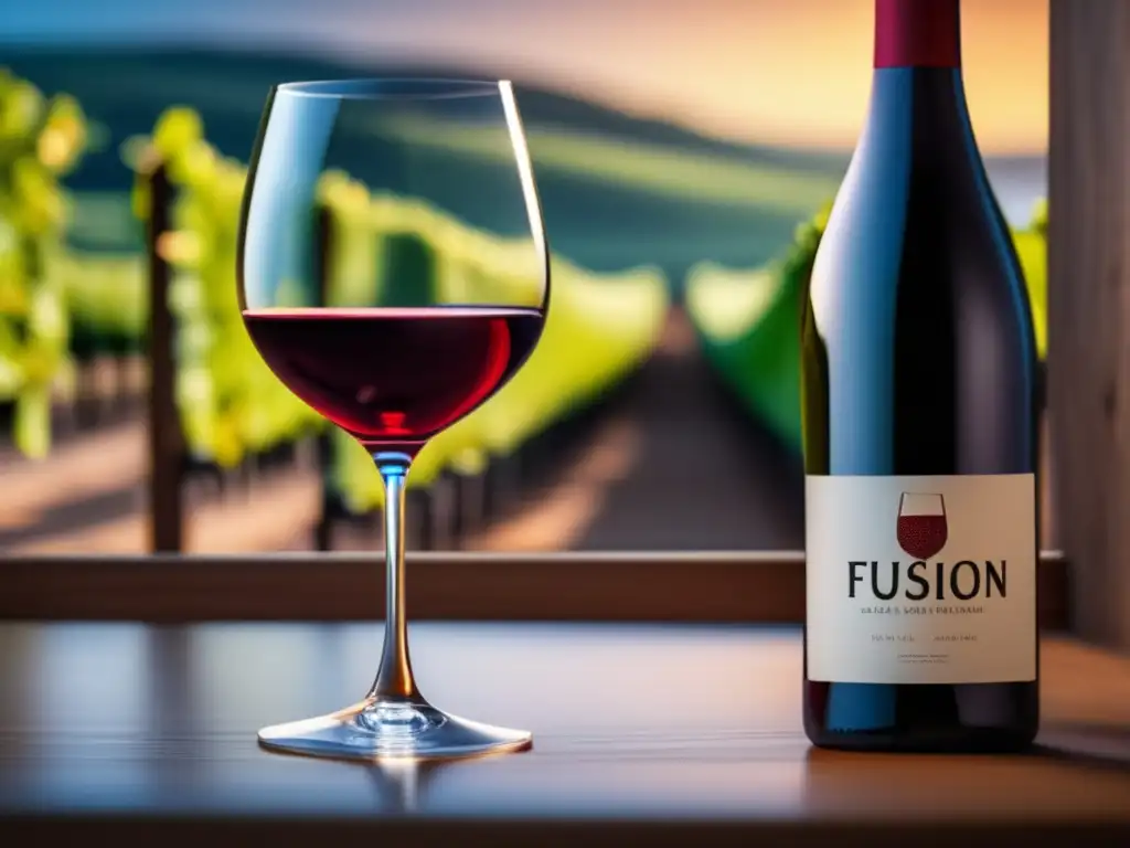 Fusión vinos modernos viñedos históricos, copa vino rojo vibrante sobre mesa madera, viñedo antiguo bañado en sol dorado