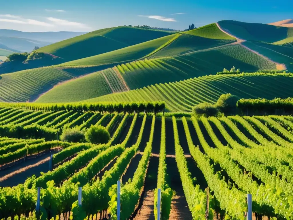 Fusión vinos modernos viñedos históricos: imagen serena y sofisticada de viñedo exuberante, uvas maduras y paisaje pintoresco