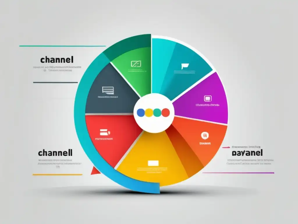 Gráfico de torta colorido con canales de publicidad: redes sociales, anuncios en buscadores, medios impresos y email marketing