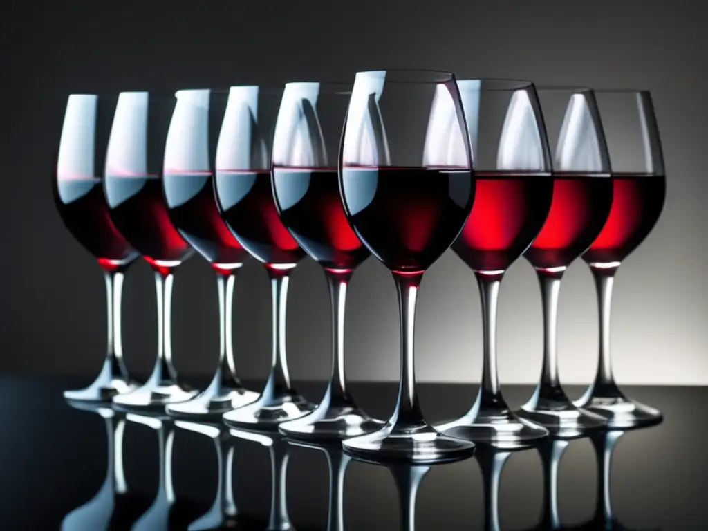 Grupo de copas de vino con diferentes tonos de rojo en superficie negra, reflejando elegancia y minimalismo