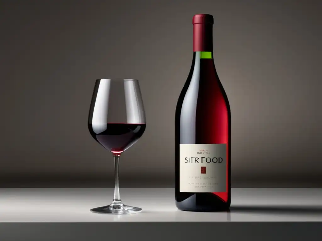 Guía vinos Dieta Sirtfood: Botella minimalista de vino transparente en encimera blanca, con etiqueta elegante y vino rojo intenso