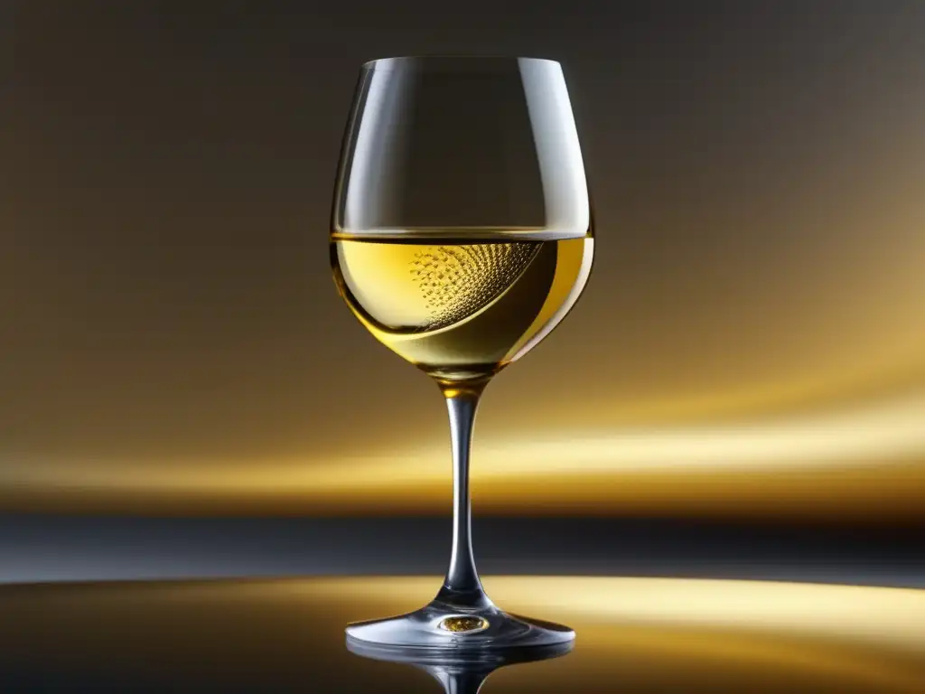 Guía vinos Dieta Sirtfood: Elegante copa de vino blanco dorado con reflejos, sostenida delicadamente por una mano