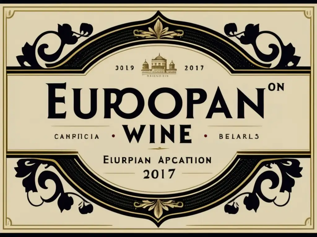 Guía etiquetas vino europeo: Detalles y elegancia del diseño minimalista de una etiqueta de vino, resaltando información esencial y certificaciones