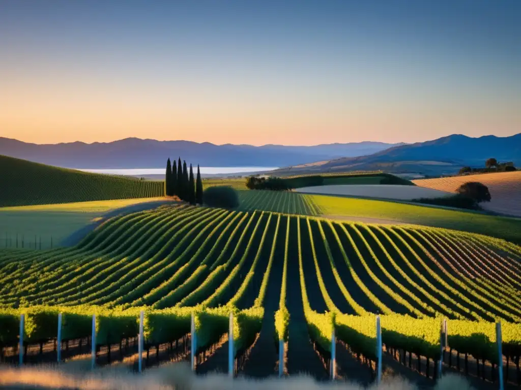 Guía del Sauvignon Blanc en Marlborough al atardecer, viñedos ordenados bañados en cálido resplandor dorado