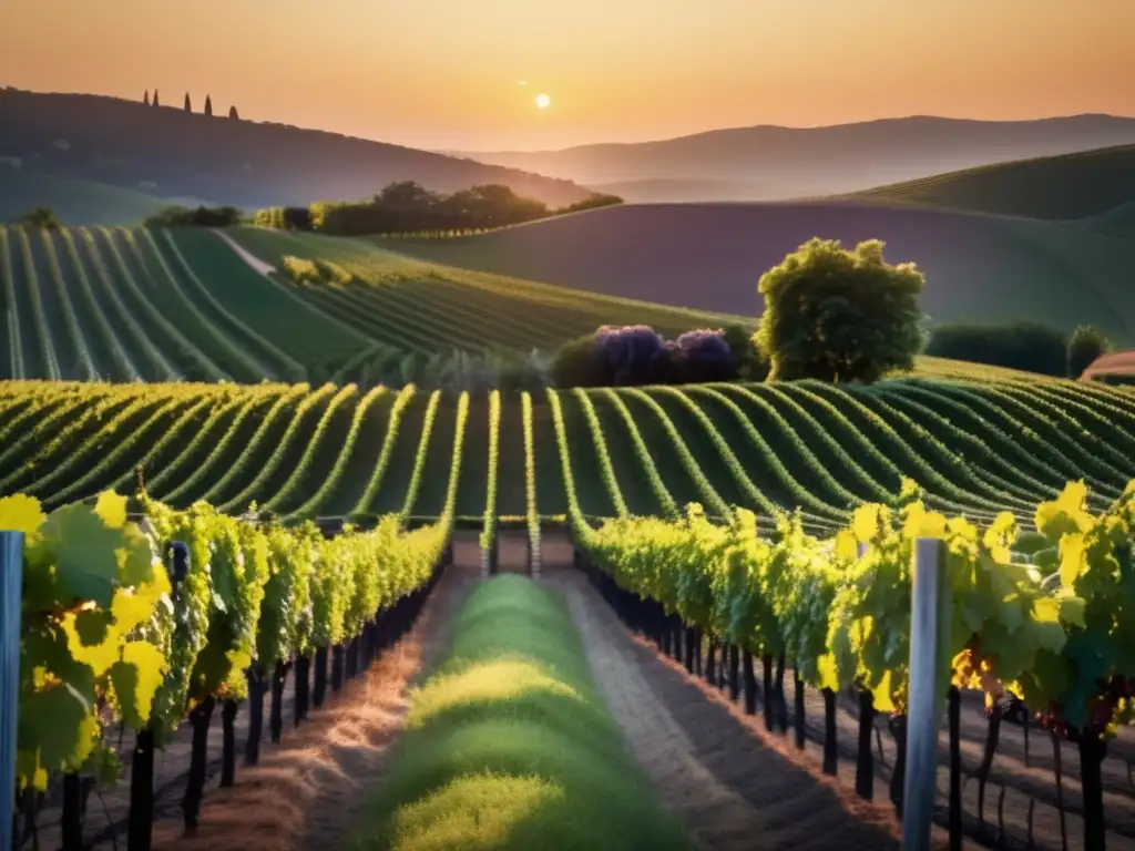 Guía vinos orgánicos colección consciente: Viñedo sereno al atardecer, con filas de uvas perfectamente alineadas