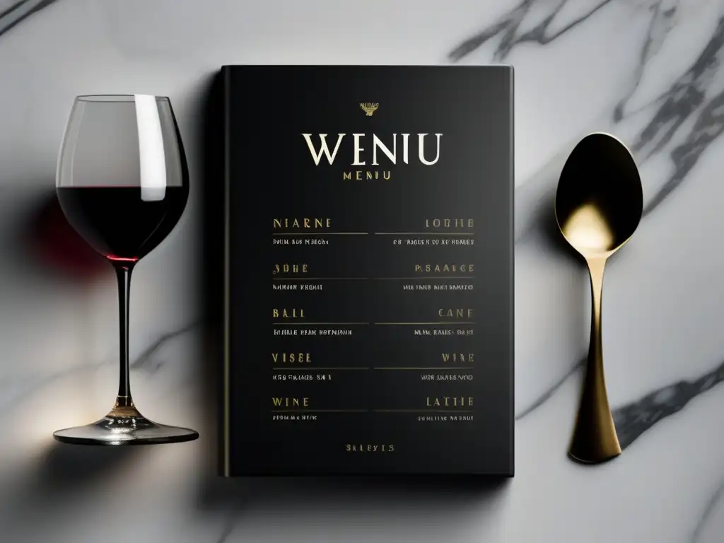 Menú de vinos elegante y detallado Guía de vinos en restaurante Michelin: Menú de vinos con etiquetas detalladas y elegante diseño en mesa de mármol