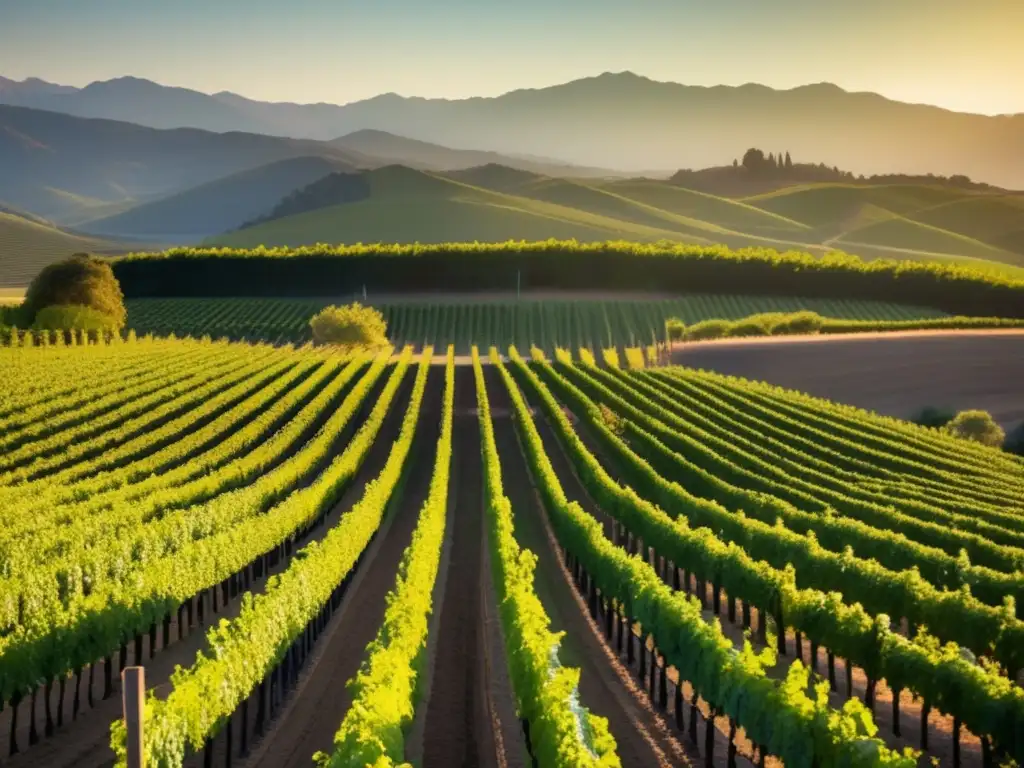 Herencia vino en Chile: viñedo minimalista, verde vibrante, sol dorado, belleza natural