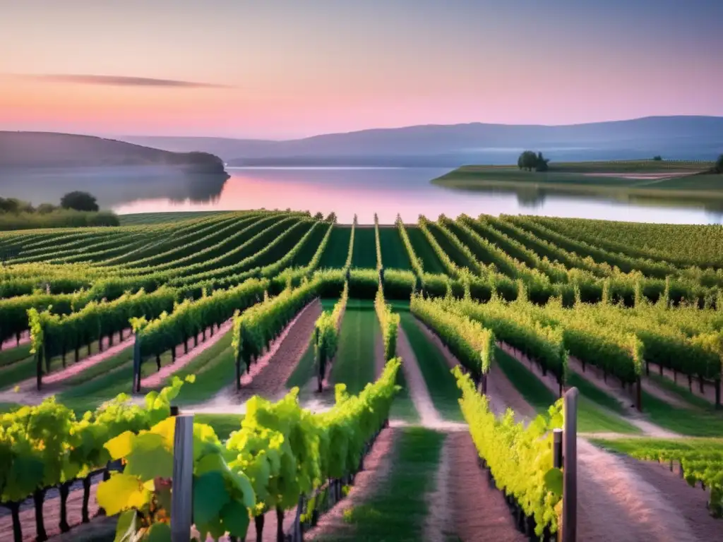 Hermosa imagen de viñedo al atardecer, transmitiendo serenidad y belleza natural