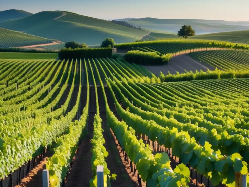 Una hermosa vista de una viña minimalista, con filas de uvas que se extienden al horizonte