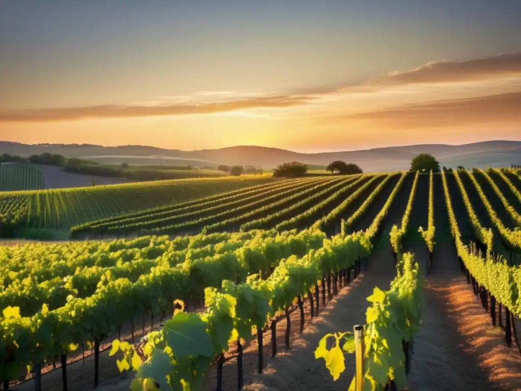 Un hermoso paisaje de viñedos al atardecer, con filas de uvas verdes y maduras