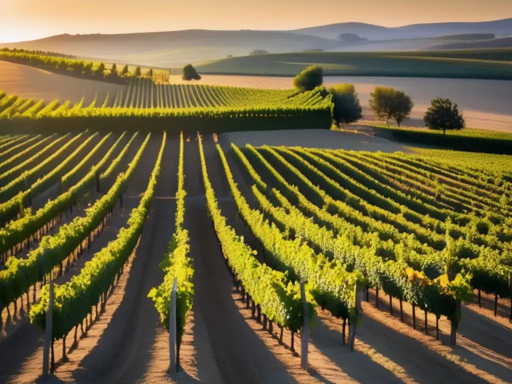 Un hermoso viñedo al atardecer, con filas de vides que se extienden hacia el horizonte