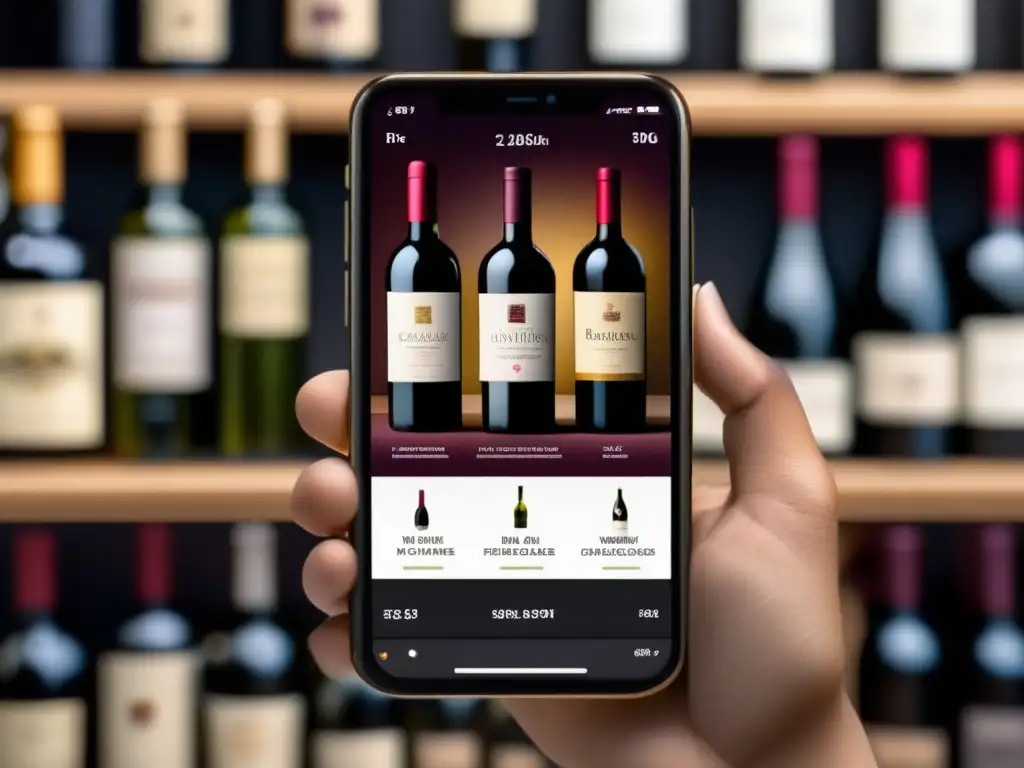 Herramientas digitales para sommeliers en una pantalla de smartphone: app de vinos con base de datos, búsqueda, recomendaciones y maridaje