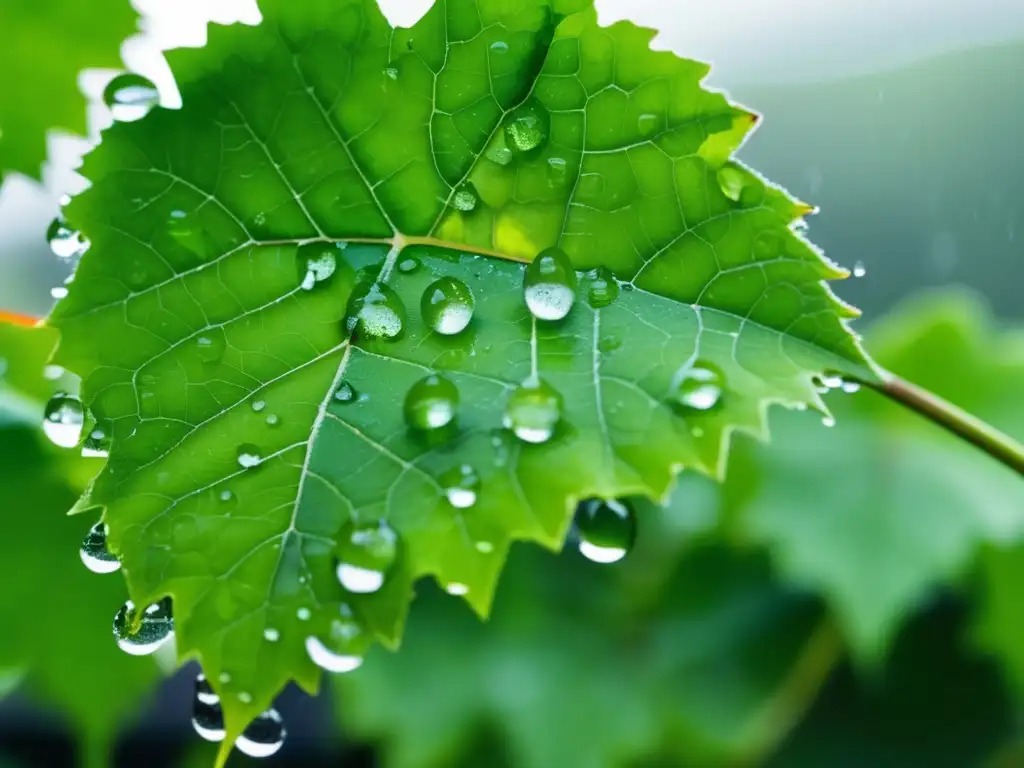 Gestión hídrica sostenible en viñedos: Hoja de vid con gotas de agua, resaltando la importancia de la conservación del agua