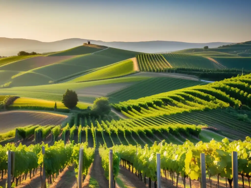 Gestión hídrica sostenible en viñedos: paisaje de viñedo con filas verdes de uvas y un arroyo serpenteante