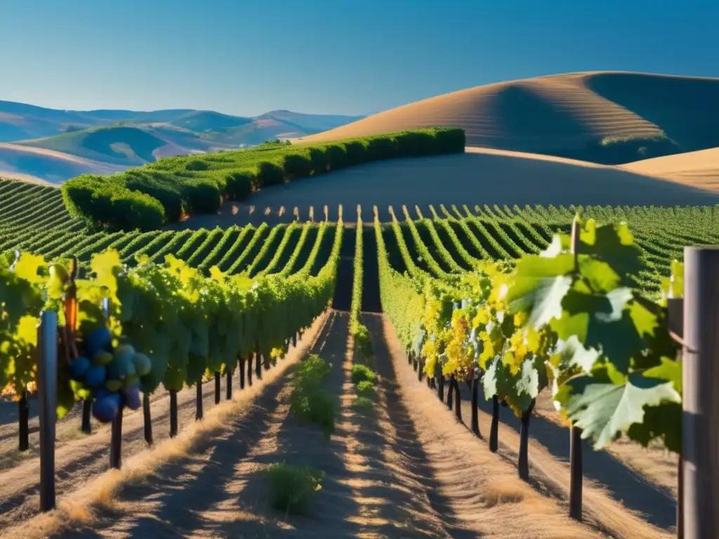 Historia y evolución de Vitis vinifera en una detallada imagen 8k de una vid contra colinas y cielo azul