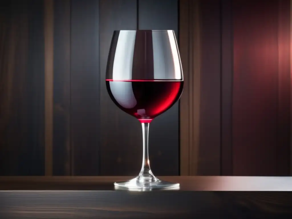 Historia de los dioses del vino - Copa minimalista con vino rojo en mesa de madera oscura