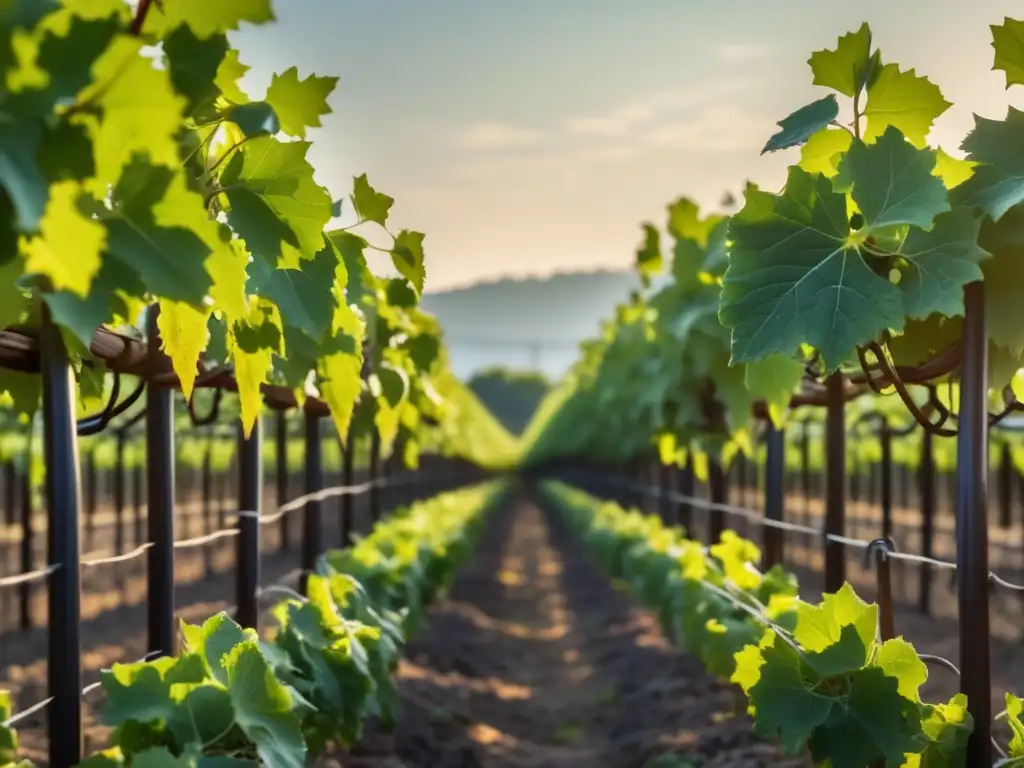 Historia y evolución de Vitis vinifera: Imagen 8k detallada de una vid, podada y entrenada en un sistema de enrejado