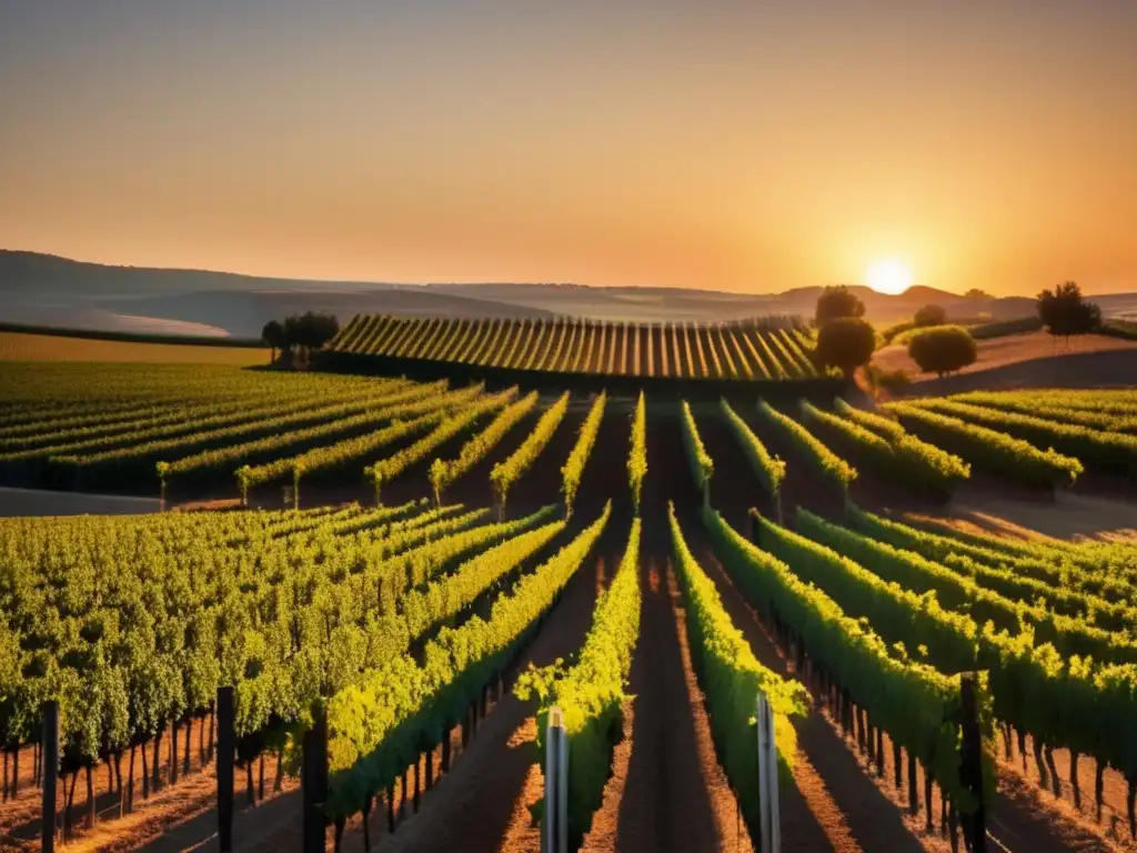 Historia y legado de Angelo Gaja: viñedo al atardecer con filas de uvas perfectamente alineadas, destacando la belleza y elegancia del paisaje