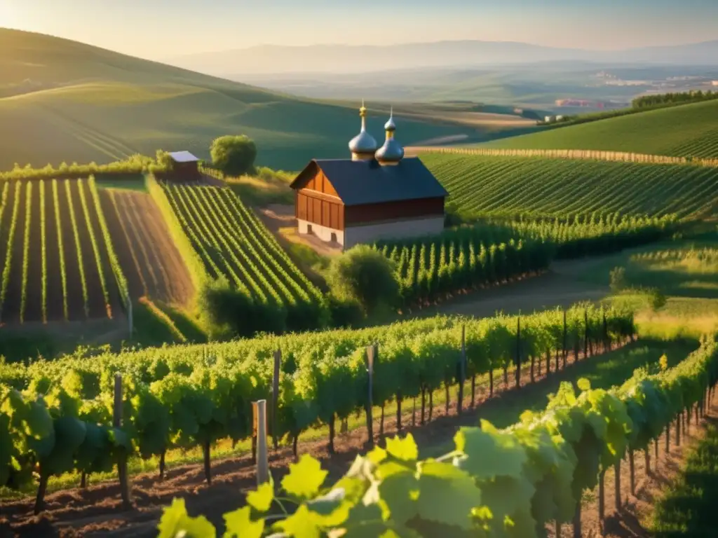 Historia vino Rusia, viñedo pintoresco, arquitectura rusa, montañas nevadas, belleza atemporal, herencia rica