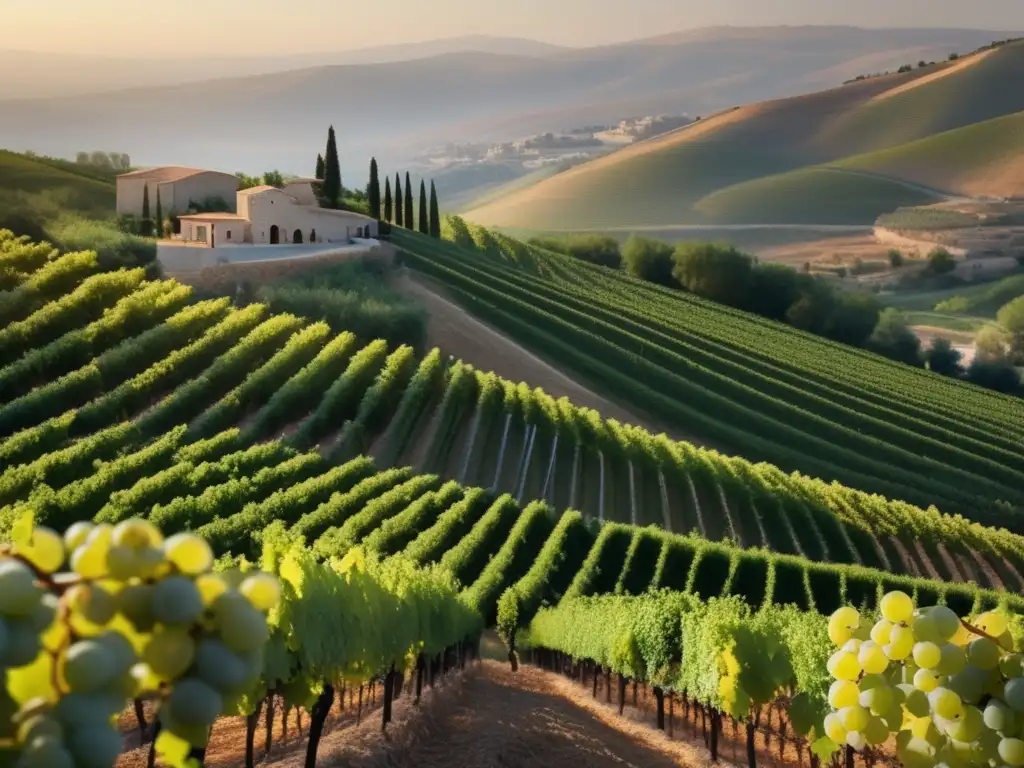 Historia del vino en Líbano: paisaje sereno con viñedos exuberantes y una sola vid de uva en primer plano