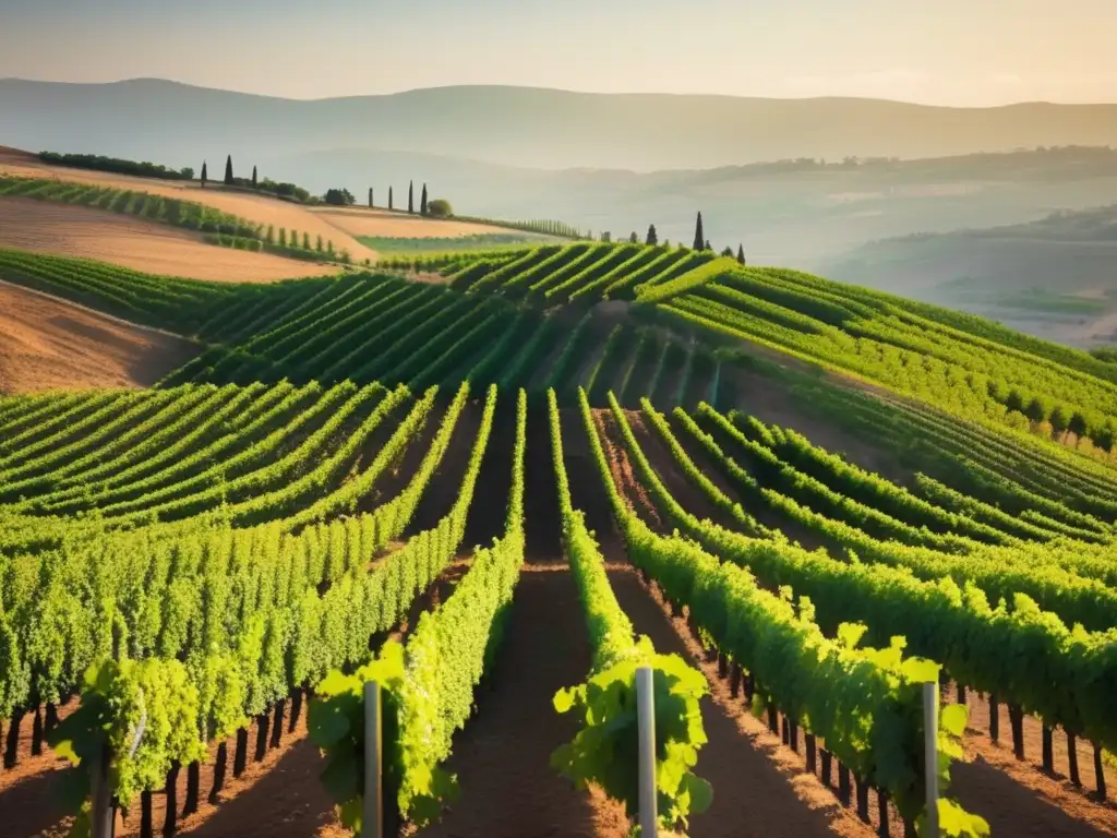 Historia del vino en Líbano: paisaje sereno de un viñedo exuberante con vides verdes y suelo fértil, resaltando la cultura y economía del país