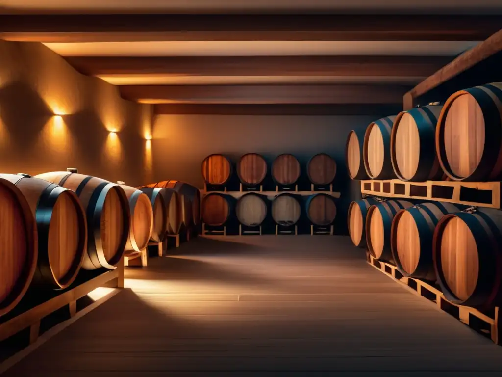 Historia del vino en Roma: bodega minimalista de barriles de madera en penumbra, con apariencia envejecida