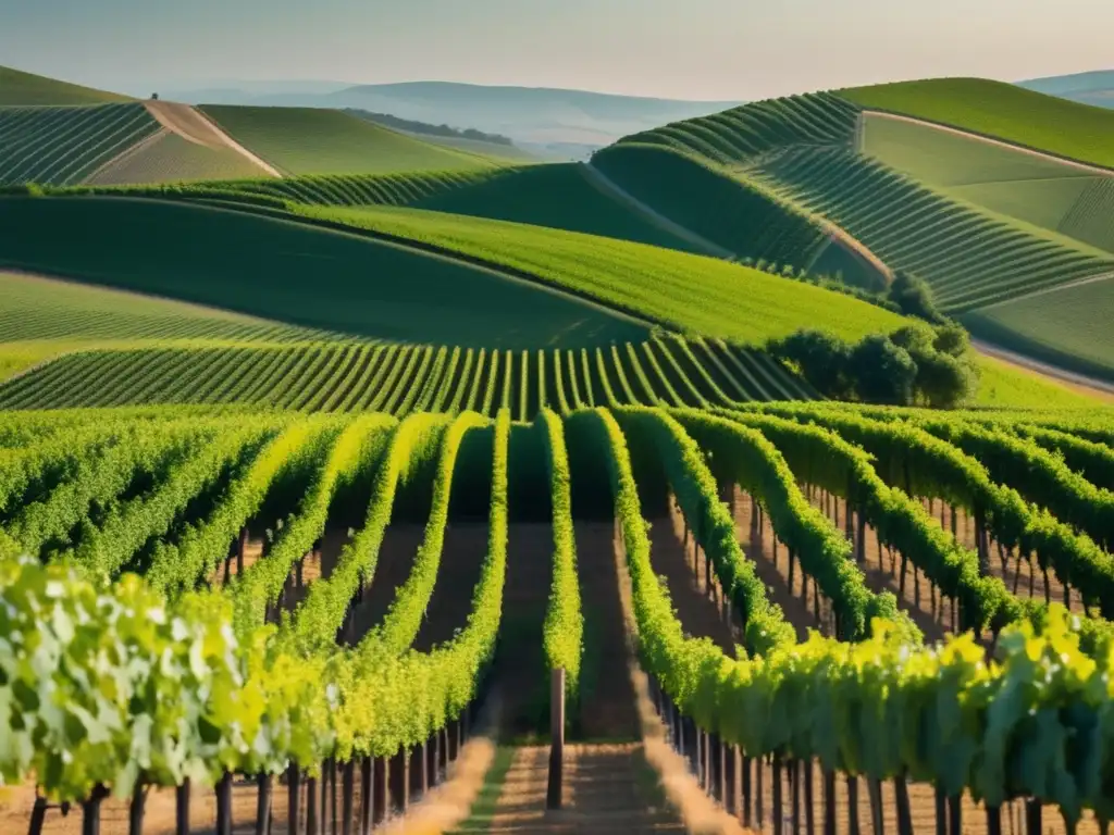 Historia del vino Europa: paisaje sereno de viñedos vibrantes y hermosos, con líneas limpias y colores limitados