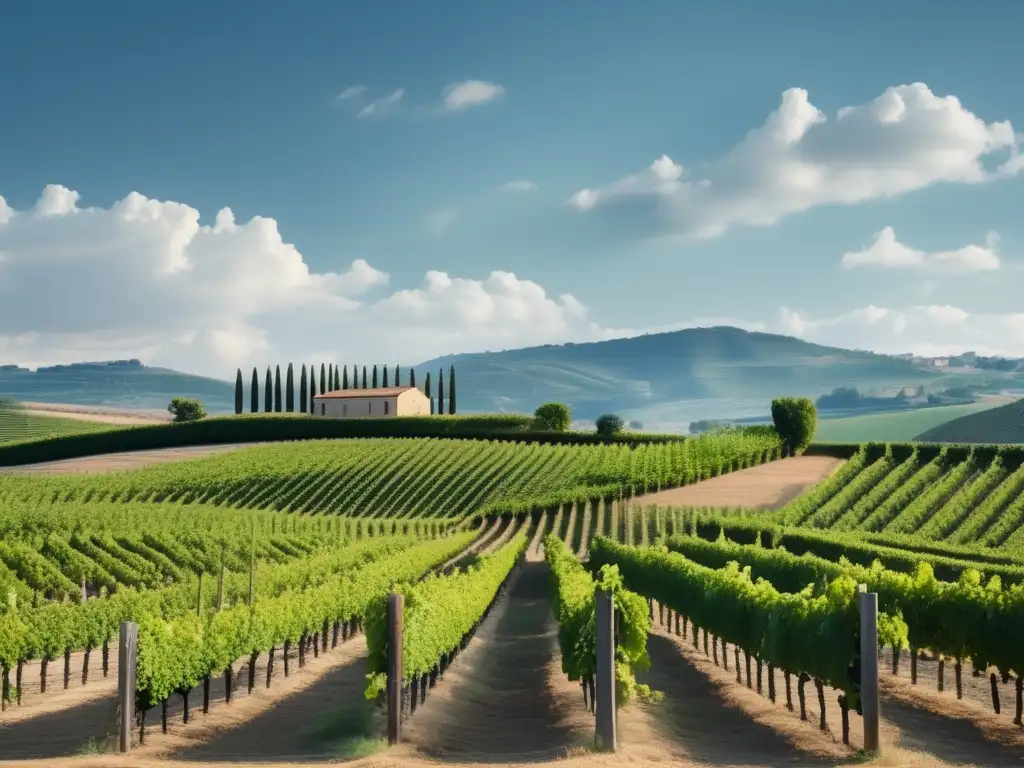 Historia del vino en Roma: viñedo minimalista con filas alineadas de uvas maduras y hojas verdes, bajo un cielo azul con nubes blancas