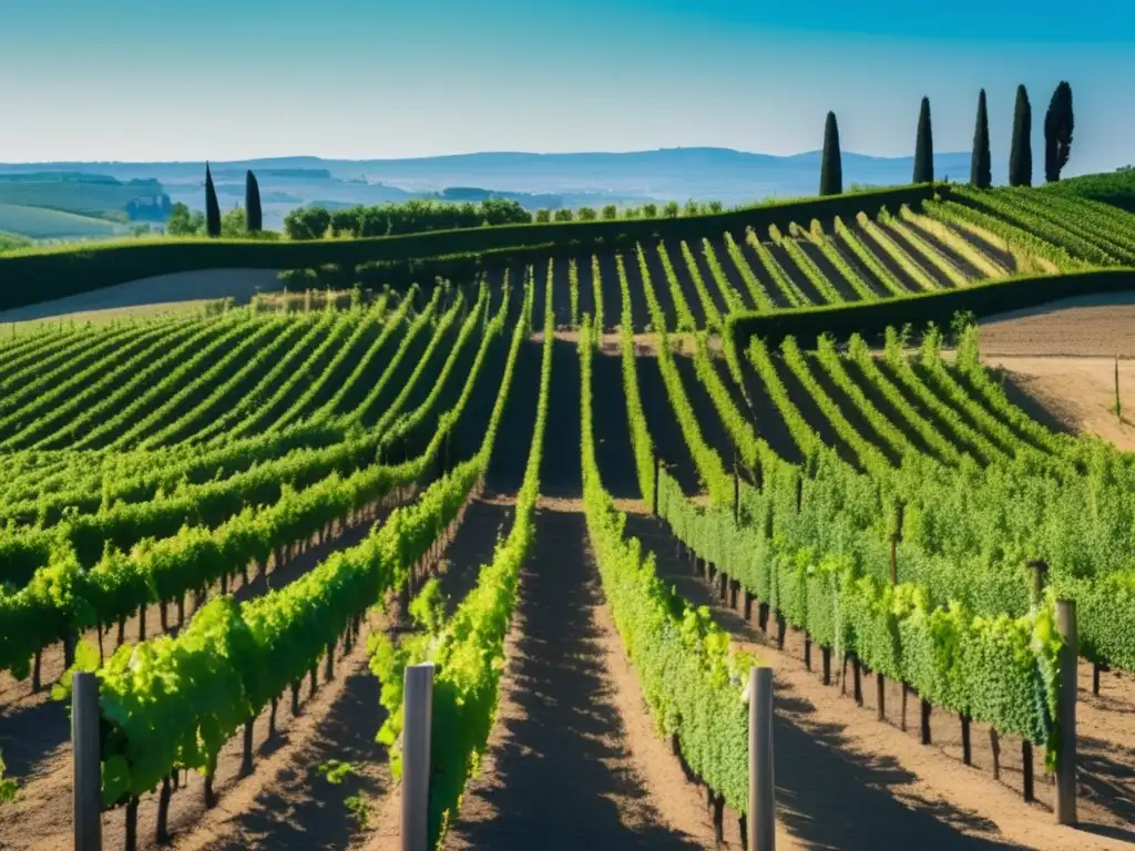 Historia del vino en Roma: Viñedo romano con vides verdes y racimo de uvas