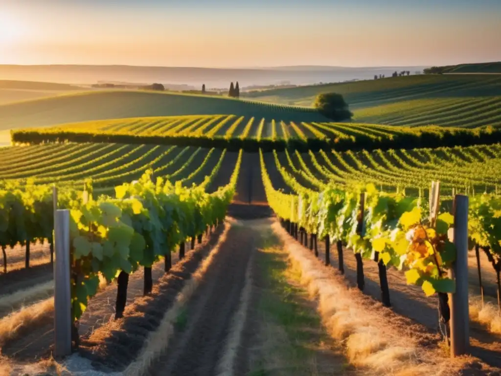 Historia del vino Europa: Vinedo sereno al atardecer, con filas de uvas y luz dorada