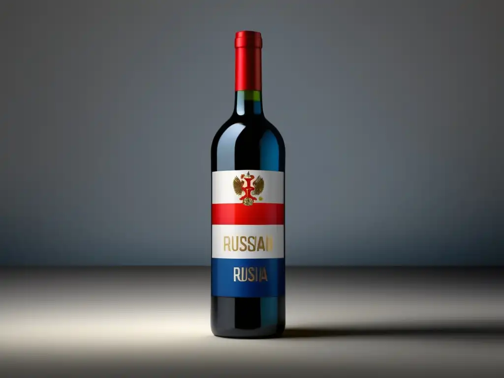 Historia del vino en Rusia: botella de vino minimalista con etiqueta elegante de colores de la bandera rusa y tipografía dorada