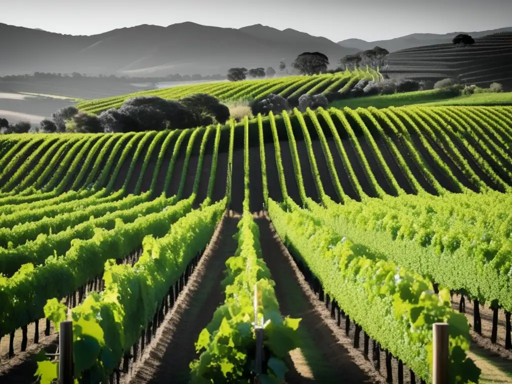 Historia viticultura Australia y Nueva Zelanda: Viñedo negro y blanco, filas alineadas de uvas, contraste tierra oscura y hojas verdes vibrantes