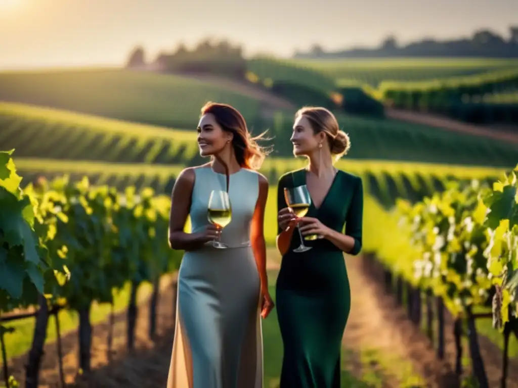 Historias de éxito emprendedoras del vino: Tres mujeres elegantes en un viñedo, cada una con una copa de vino, transmiten pasión y confianza