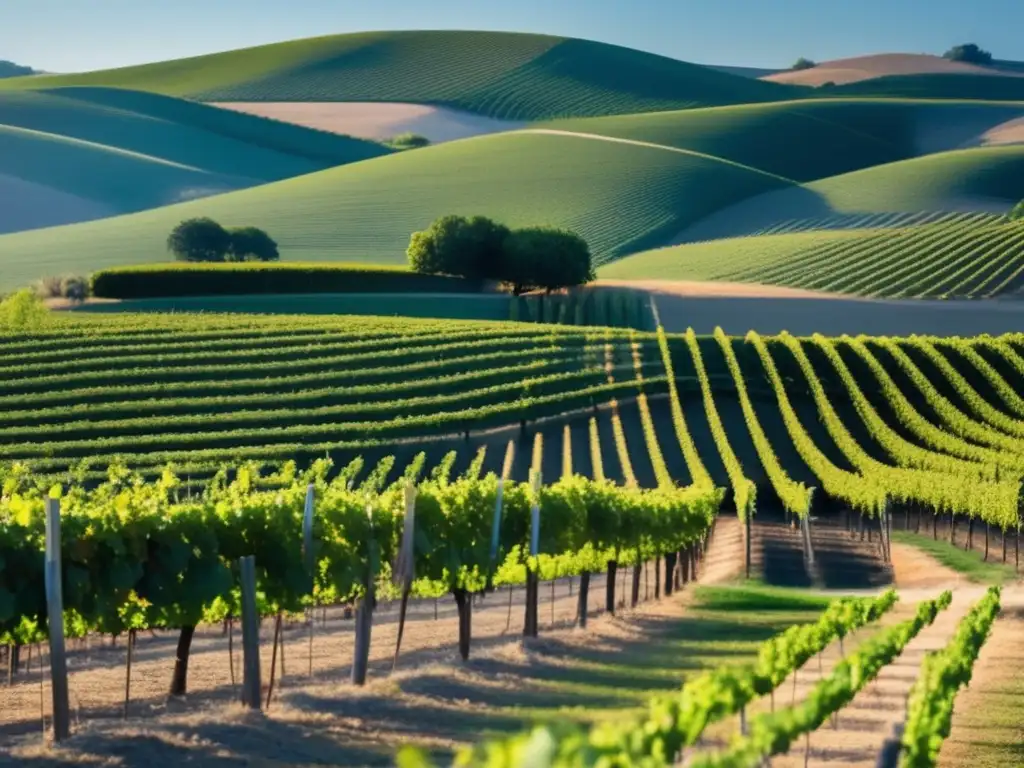 Vinicultura histórica en Europa: paisaje minimalista de viñedos con filas ordenadas de vides, colinas y cielo azul