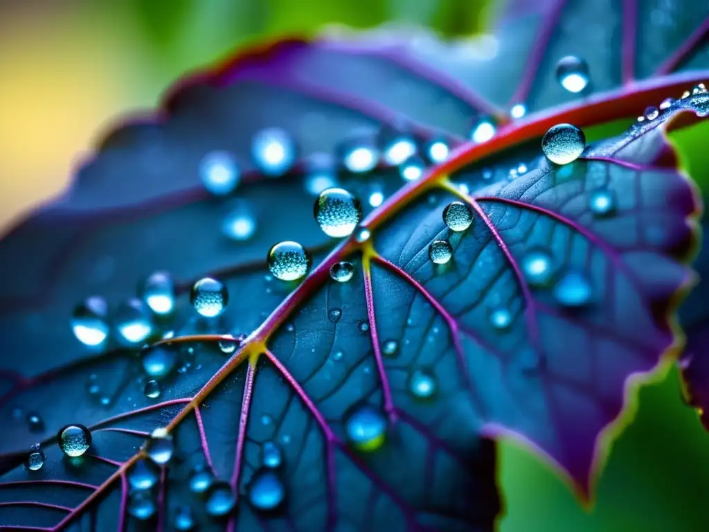 Hoja de vid púrpura con gotas de rocío, resveratrol y beneficios antienvejecimiento