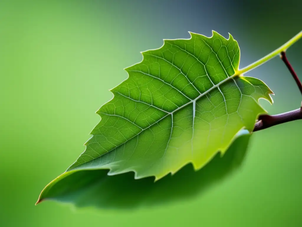 Hoja de vid en tonos verdes vibrantes, con venas intrincadas, capturando la esencia de los viñedos y la belleza de la naturaleza