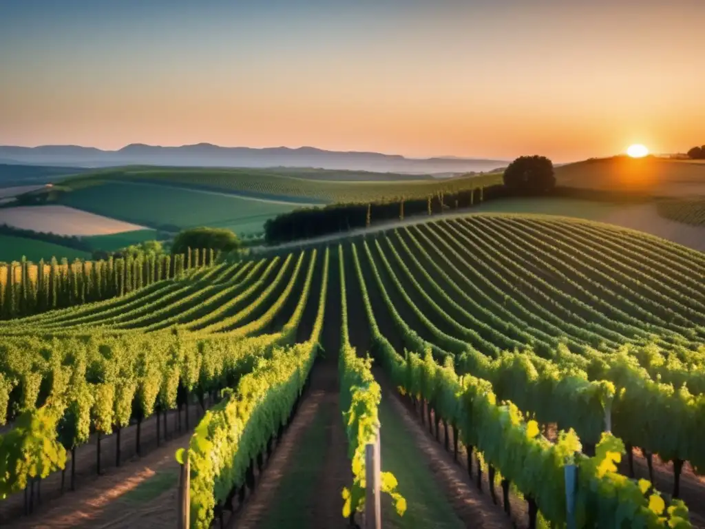 Huella ecológica vinos veganos: Viñedo 8k al atardecer, viñedos verdes interminables, sol dorado, serenidad y conexión con la naturaleza