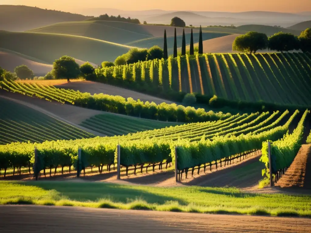 Huella ecológica vinos veganos en viñedo al atardecer