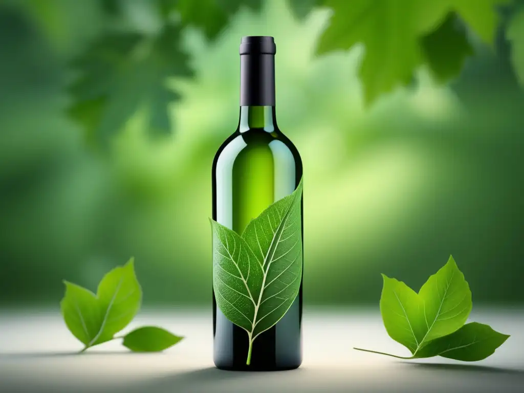 Huella ecológica vinos veganos: Botella de hojas verdes vibrantes, con diseño minimalista y detalles intrincados