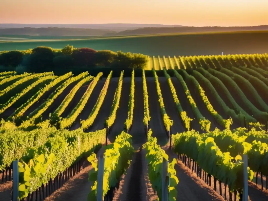 Huella del vino Nueva York: Belleza minimalista de una viña al atardecer, con filas alineadas de vides y hojas verdes vibrantes bajo el sol