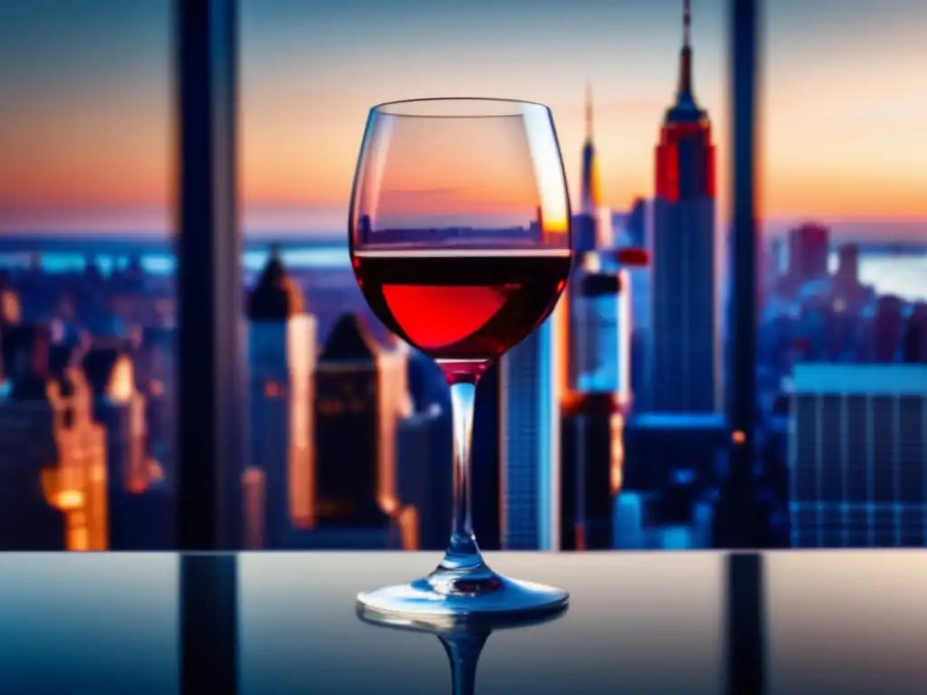 Huella del vino Nueva York: copa de vino minimalista con skyline de NY al atardecer