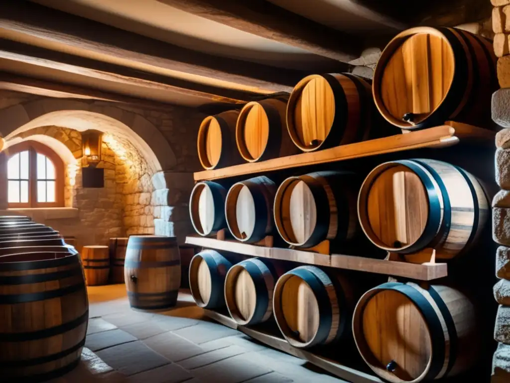 Una imagen de bodega de vinos milenarios en Armenia, con barriles de madera y luz natural que resalta su historia y tradición